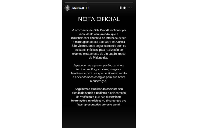 Assessoria de Gabi Brandt informa que a influenciadora foi internada para tratar infecção nos rins