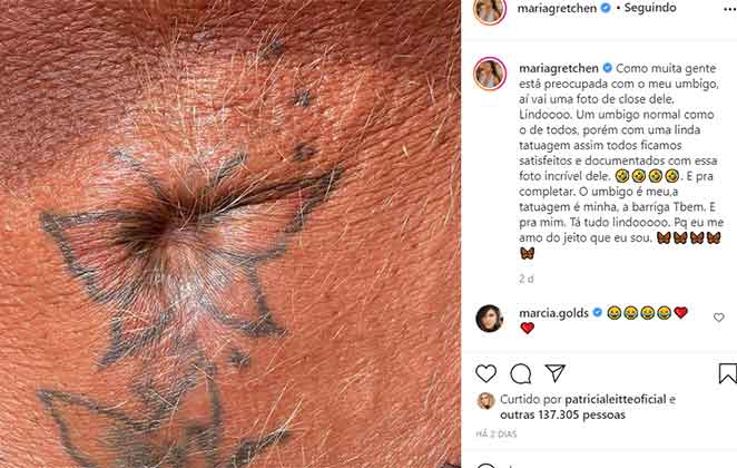 Gretchen mostra umbigo e tattoo em sua página do Instagram