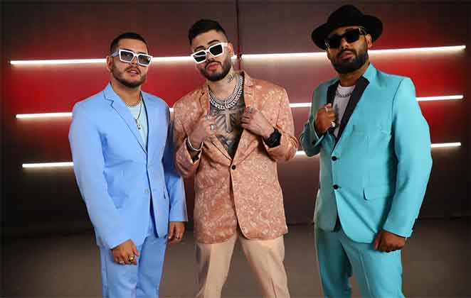 Kevinho, Matheusinho e Rai em filmagem de clipe