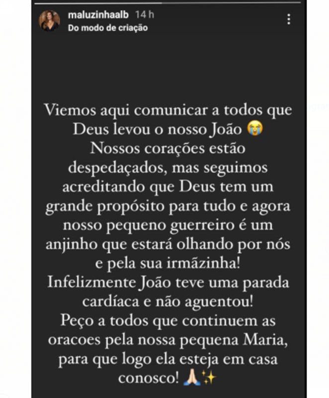 Maluzinha informou que um de seus gêmeos morreu