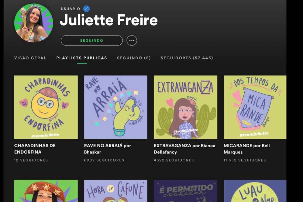 Playlist de Juliete Freire bombando no Spotfy 