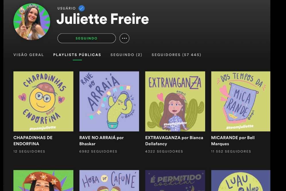 Playlist de Juliete Freire bombando no Spotfy