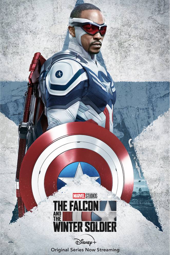 Pôster de Sam Wilson como Capitão América em Falcão e o Soldado Invernal