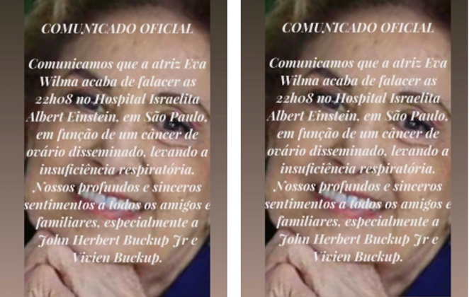 Comunicado da assessoria de imprensa de Eva Wilma
