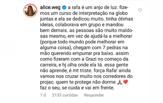 Alice Wegmann fz textão defendendo Rafa Kalimann