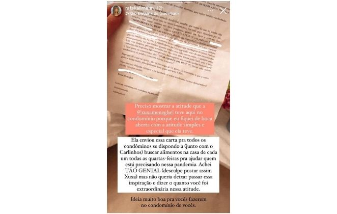 Rafa Kalimann mostra carta enviada por Xuxa para todos os moradores do seu condomínio 