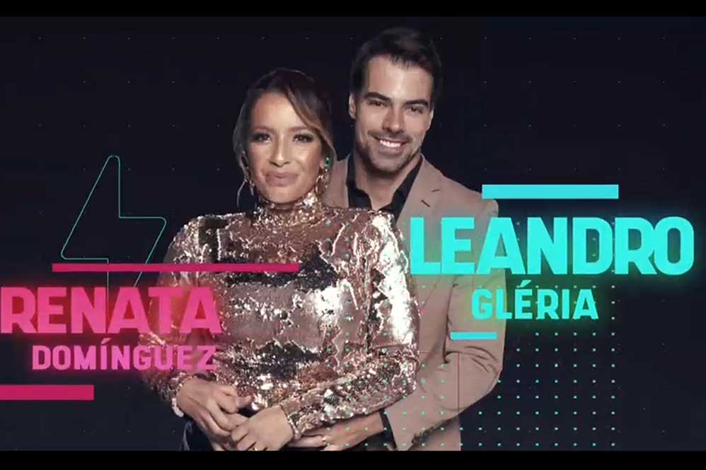 A atriz e apresentadora Renata Domínguez, 40 anos, e o relações públicas Leandro Gléria, 32 anos. Os pombinhos, recém-casados, prometem se jogar nas provas da competição