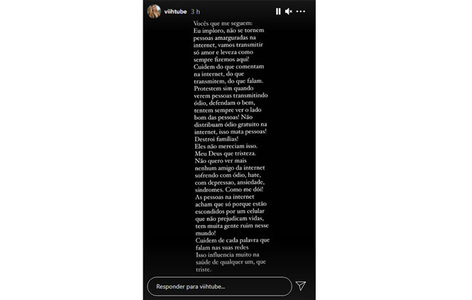 Viih Tube critica ataques digitais em desabafo no Stories do Instagram