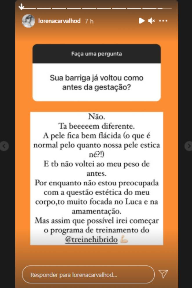 Lorena Carvalho respondeu fã sobre peso e flacidez no pós-gravidez