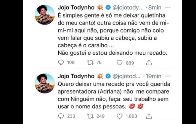 Publicação de Jojo Todynho no Twitter