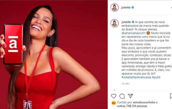 Publicação de Juliette no Instagram
