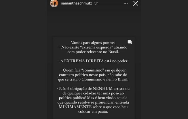 Samantha Schmutz compartilha texto em resposta a Juliana Paes