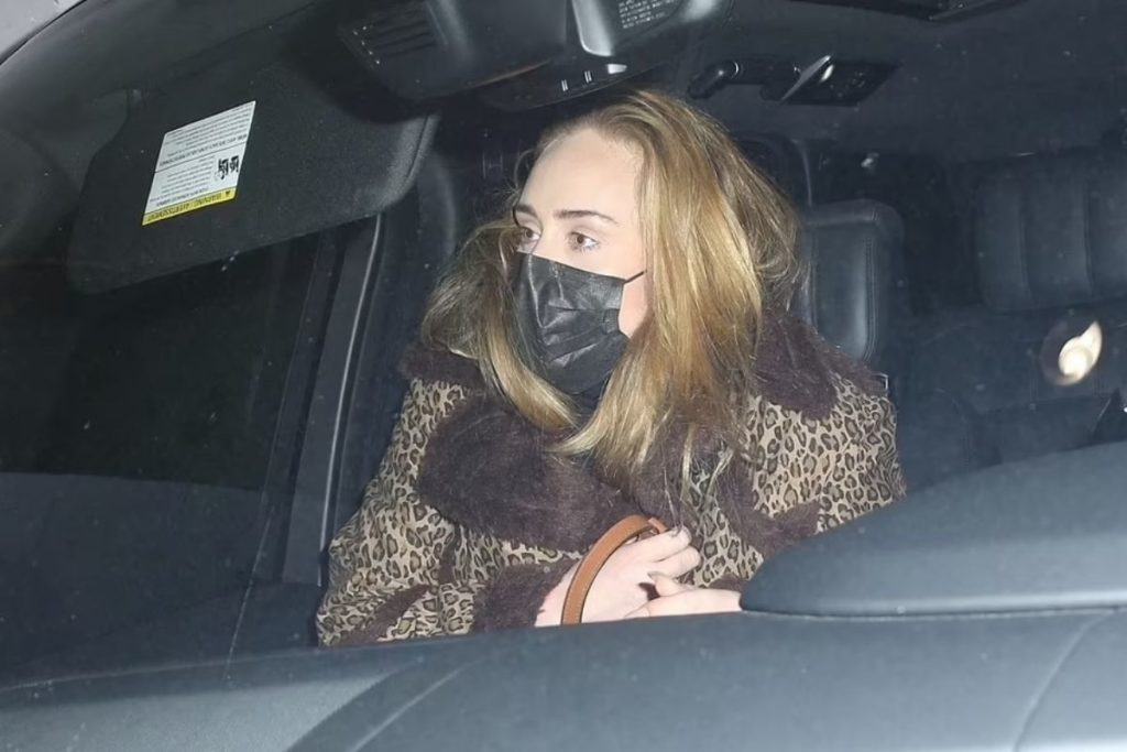Adele usava uma jaqueta de oncinha e máscara preta