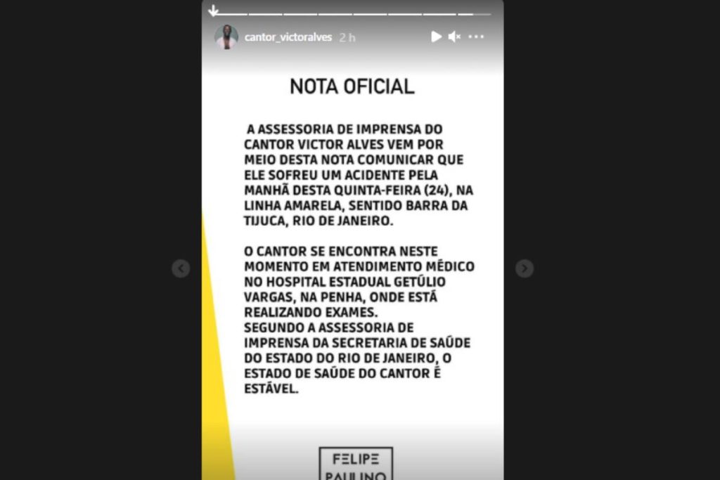 stories de victor alves, campeão do The Voice Brasil 2020, revelando acidente no Rio