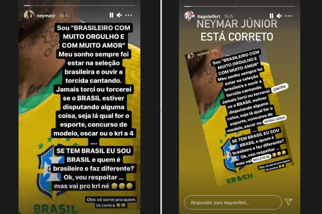 Fotomontagem com os Stories de Neymar Jr. e Tiago Leifert
