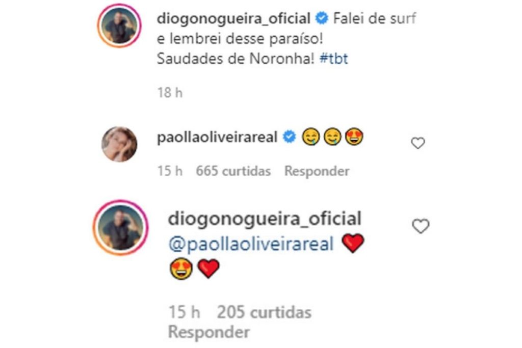 Montagem com os prints da interação entre Diogo Nogueira e Paolla Oliveira