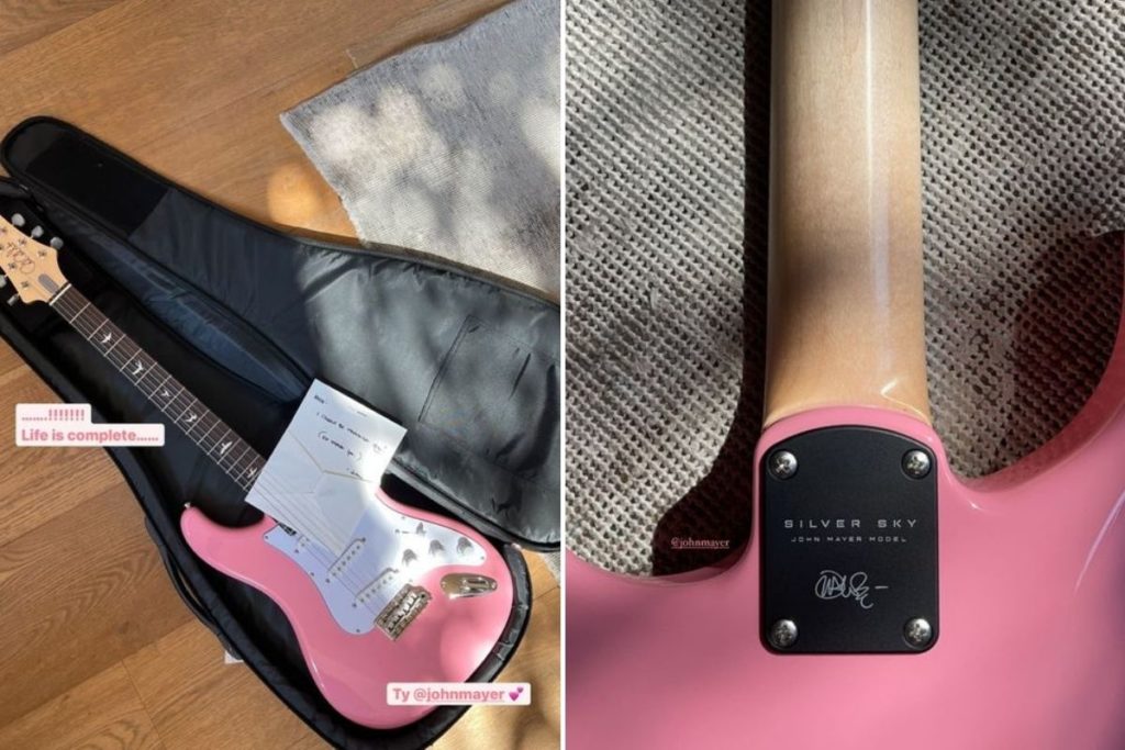 Fotomontagem com prints dos Stories de Rosé mostrando a guitarra rosa que recebeu de John Mayer