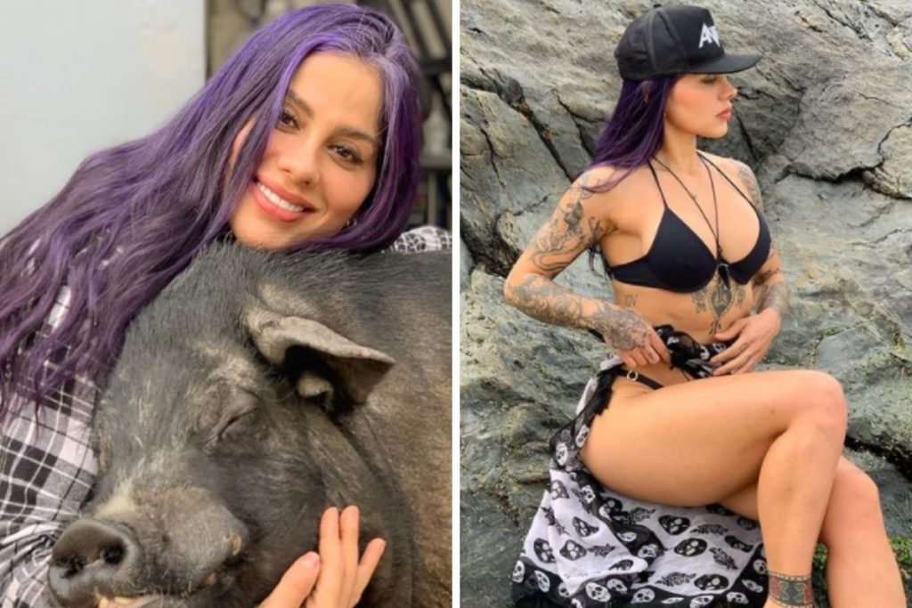 Vanessa Mesquita com um porco e outra foto usando um biquini