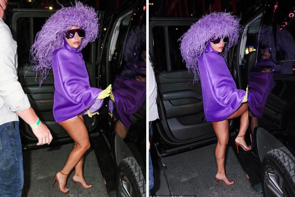Lady Gaga vai de poncho lilás e chapéu de penas ao ensaio para os shows com Tony Bennett