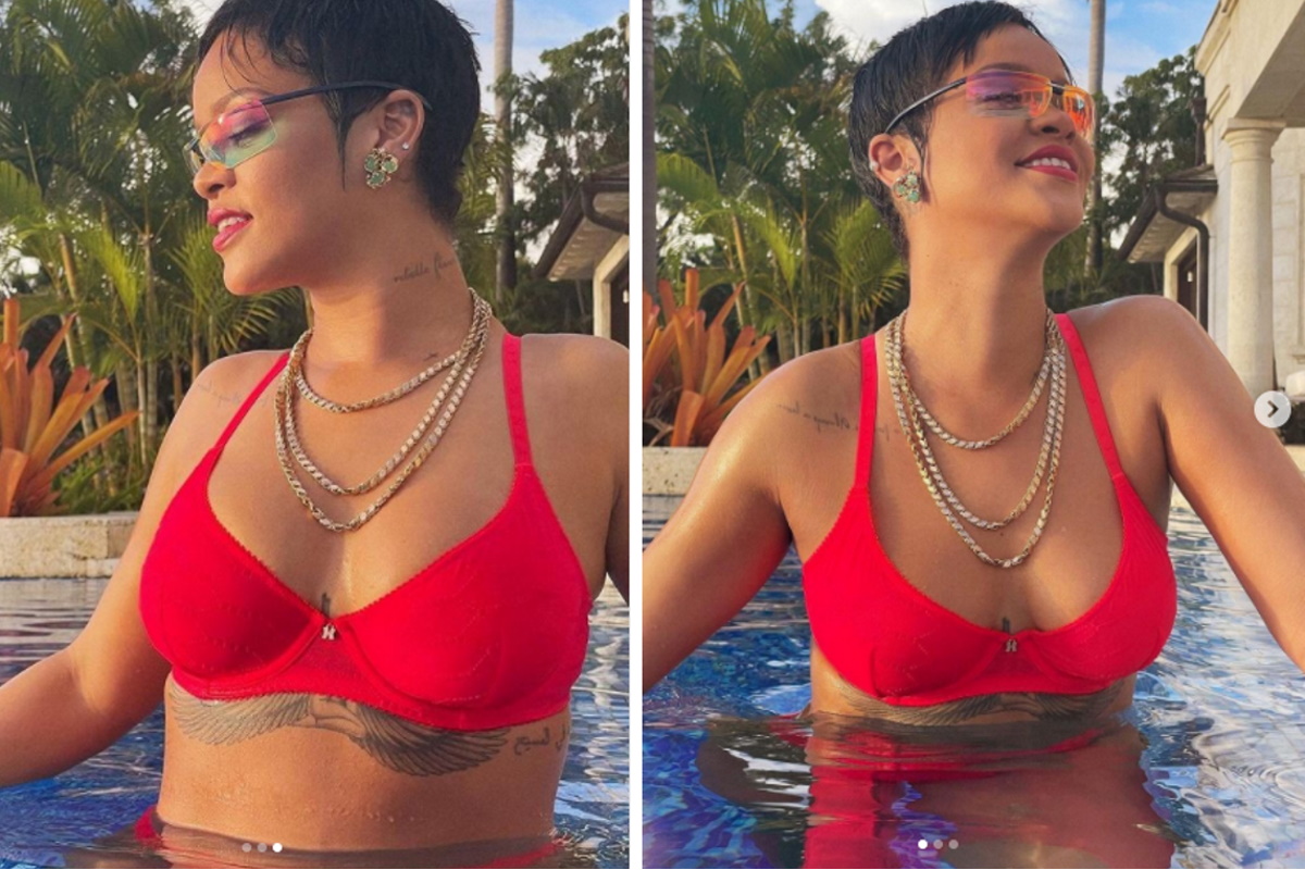 Rihanna na piscina de biquini e óculos escuros