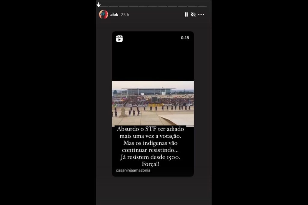 Stories de Alok criticando o adiamento da discussão sobre o marco temporal