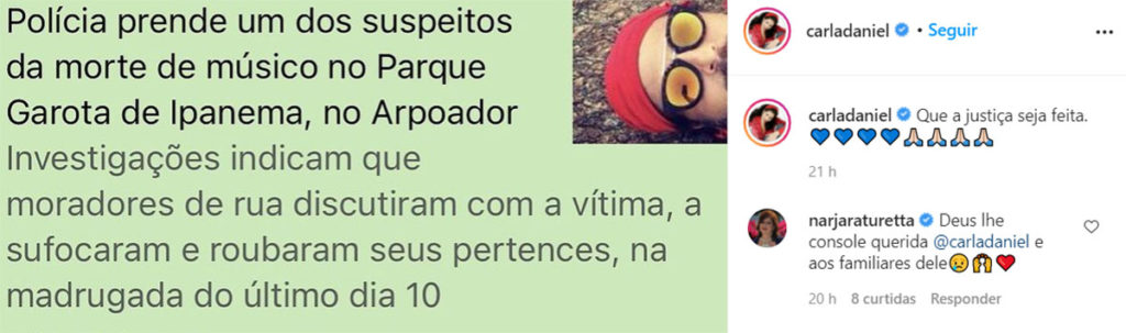 Post de Carla Daniel sobre prisão do suspeito de matar seu namorado