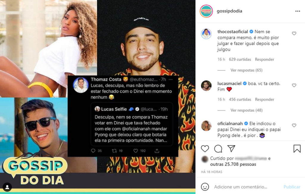 Print do Instagram Gossip do Dia com comentário de Thomaz Costa e Nanah   Damasceno