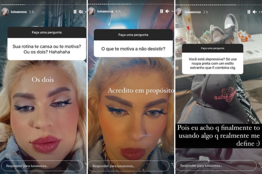Montagem com três imagens de Luísa Sonza em Stries do Instagram, respondendo perguntas dos fãs