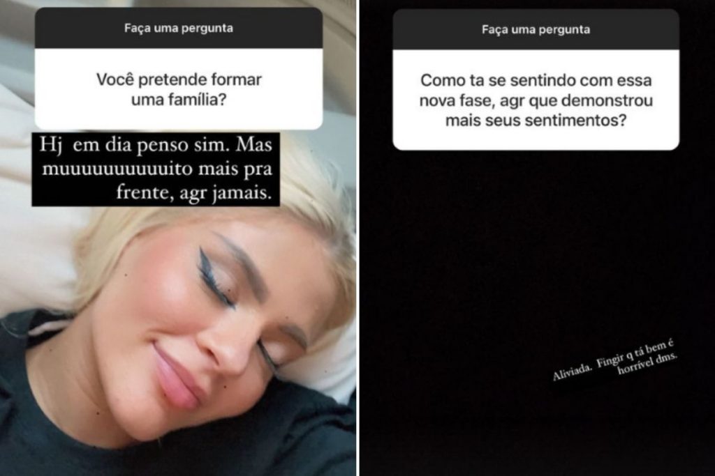 Montagem com duas imagens de Luísa Sonza em Stries do Instagram, respondendo perguntas dos fãs