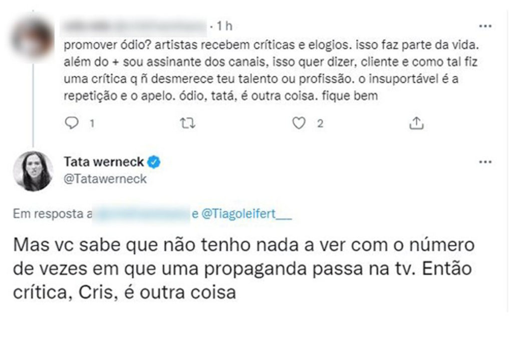 Tata Werneck discute com internauta no Twitter