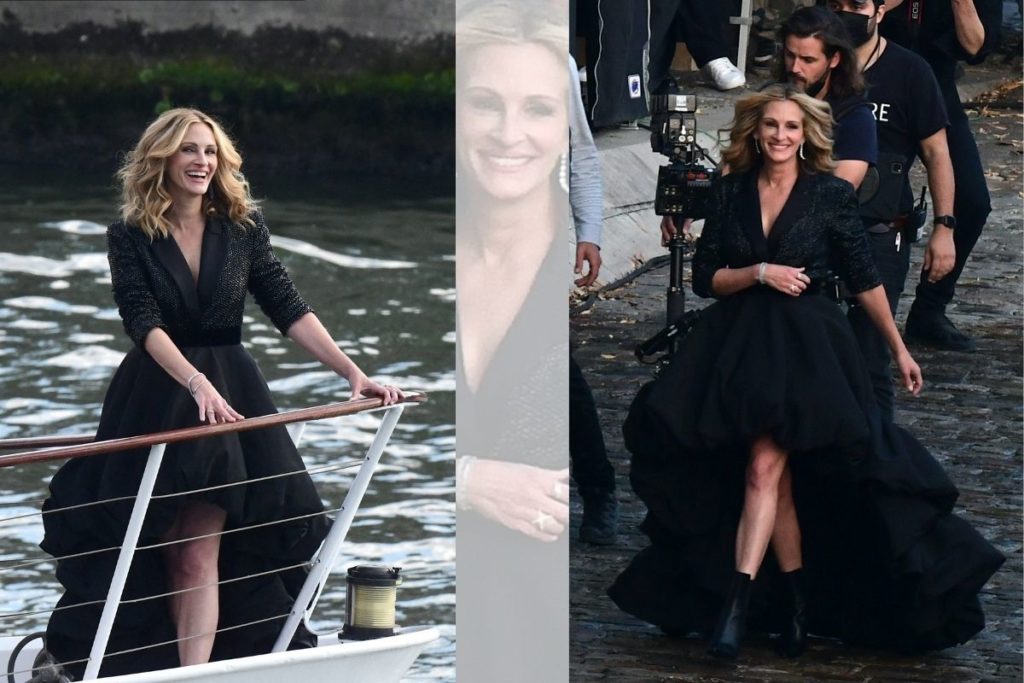 Julia Roberts navega pelo Rio Sena, em Paris, França, para rodar um comercial da Lancôme.