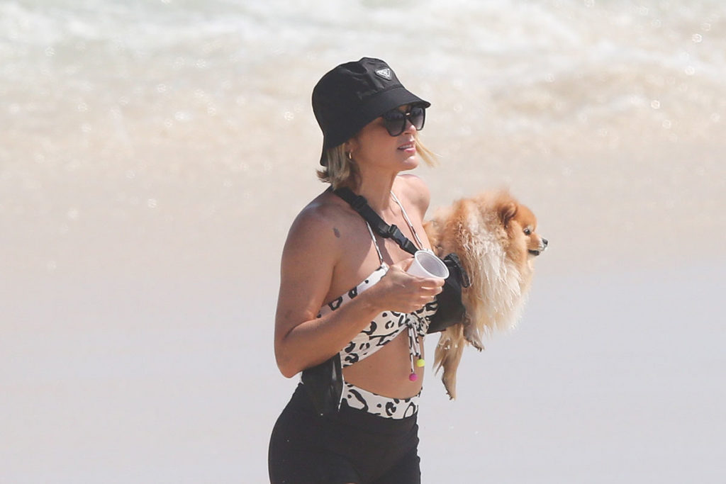 Flávia Alessandra passeia com cachorro de estimação na praia