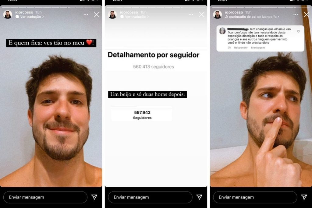 stories de igor cosso desabafando sobre perder seguidores após publicar beijo no namorado