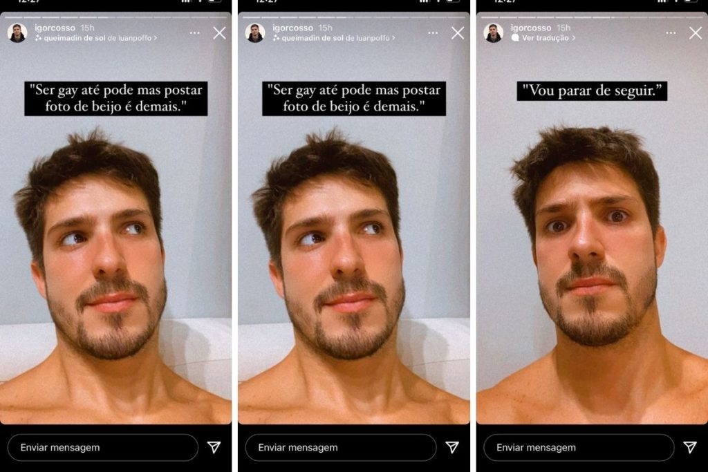 stories de igor cosso desabafando sobre perder seguidores após publicar beijo no namorado