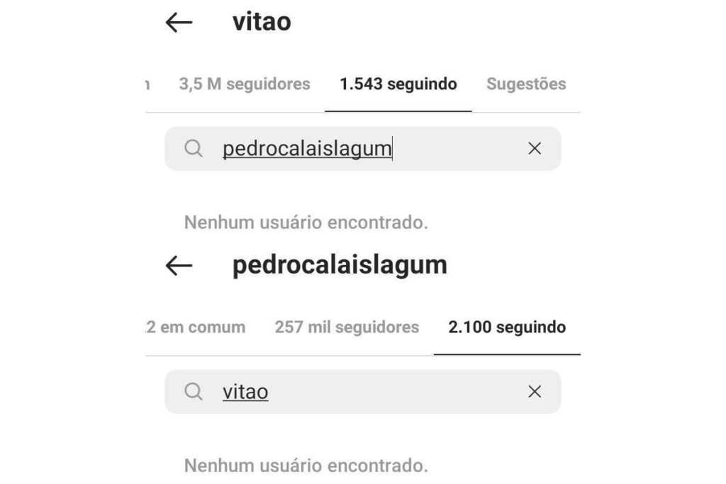 perfis de Vitão e Pedro Calais no Instagram sem estar seguindo um ao outro
