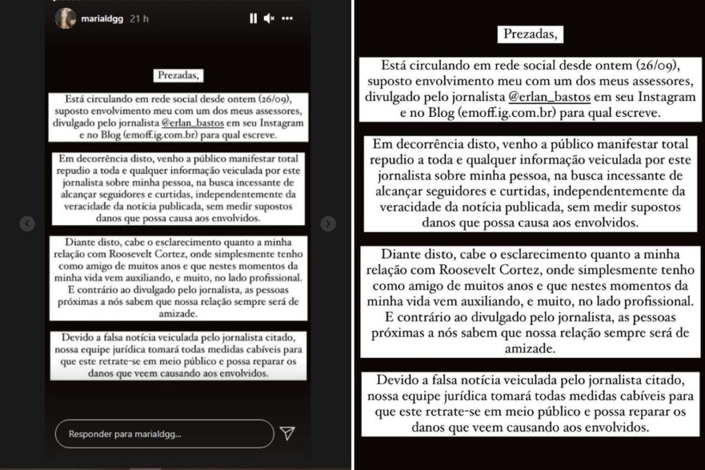 Stories de Maria Lina explicando boato de relacionamento com assessor