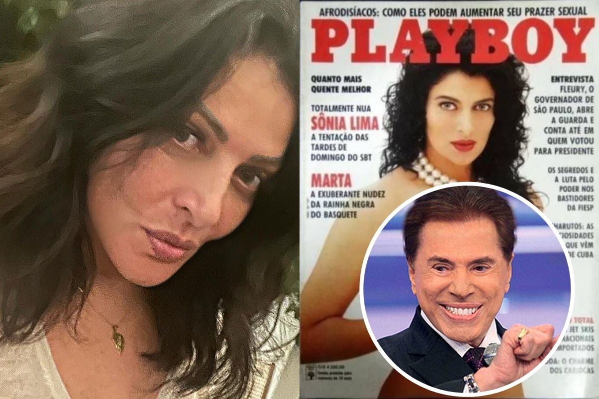 Sonia Lima séria, SIlvio Santos sorrindo e capa da revista Playboy
