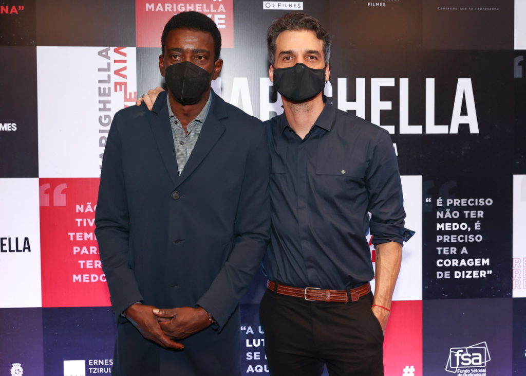 Wagner Moura e Seu Jorge em premiere de Marighella