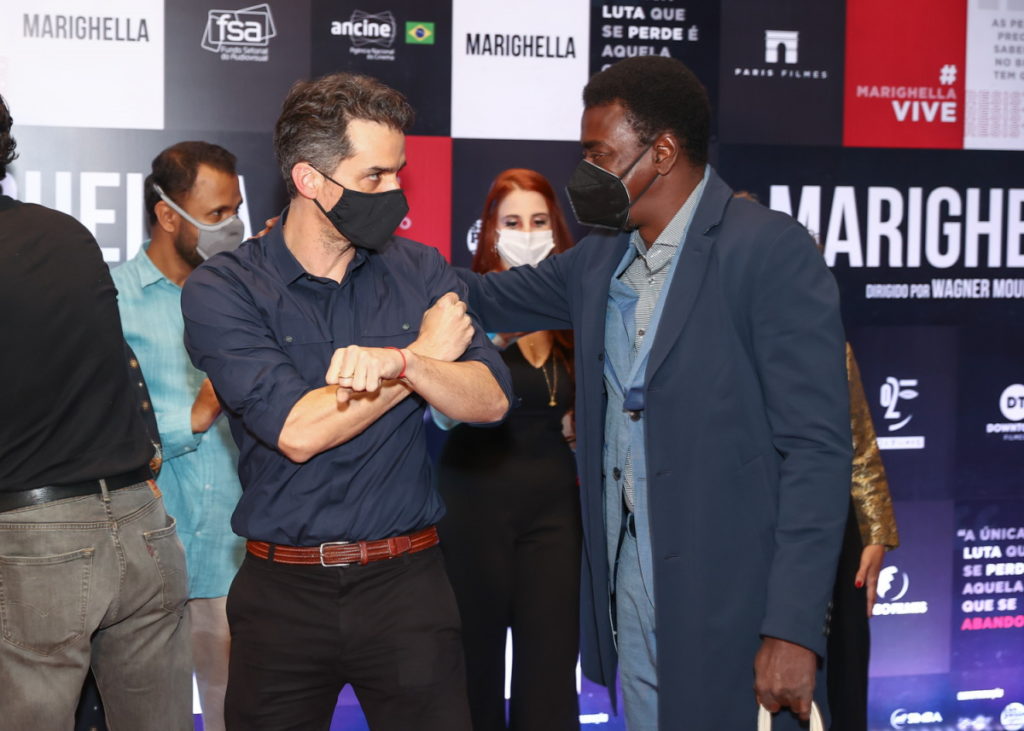 Wagner Moura e Seu Jorge em premiere de Marighella