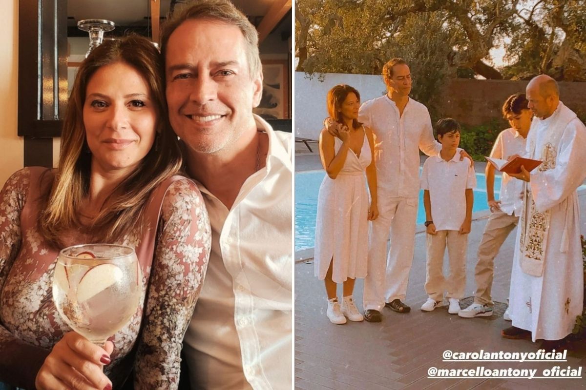 Fotomontagem com imagem de Marcello Antony e esposa em selfie e renovando os fotos de casamento
