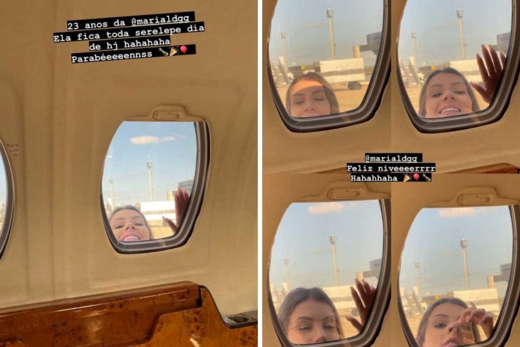 stories de whindersson nunes mostrando maria lina do lado de fora do avião olhando uma janela