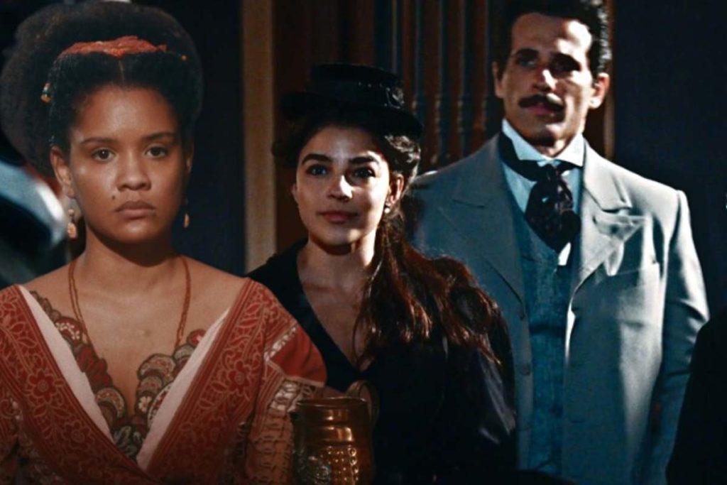 Nos Tempos do Imperador: Zayla (Heslaine Vieira) descobre que Pilar (Daphne Bozaski) rompeu com Diego (Mouhamed Harfouch) – Reprodução Globoplay