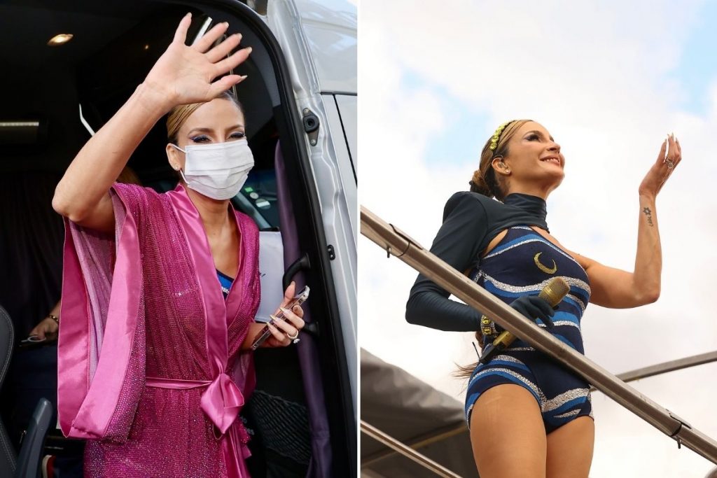 Fotomontagem de Claudia Leitte chegando em show de Carnaval e no trio elétrico