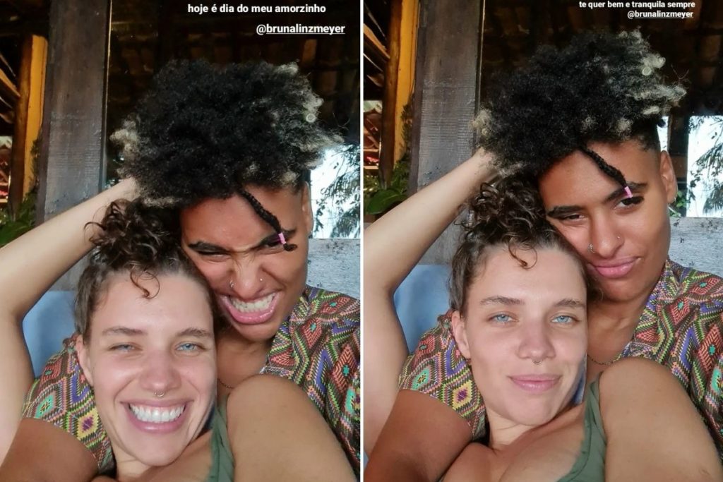 Fotomontagem com selfies de Bruna Linzmayer com a namorada, Marta Supernova