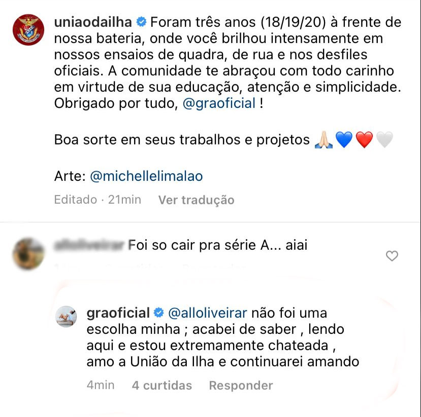 União da Ilha posta despedida para Rainha de bateria, Gracyanne Barbosa