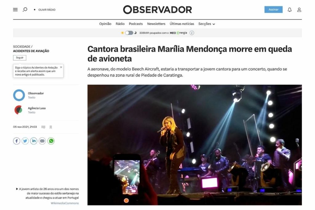Observador de Portugal noticia a morte de Marília Mendonça