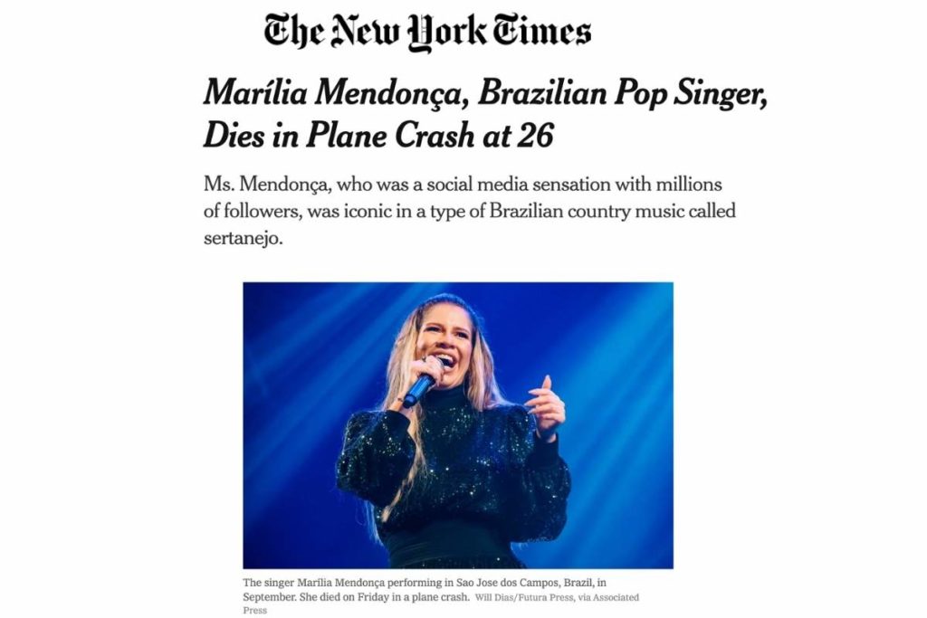 The New York Times noticia a morte de Marília Mendonça