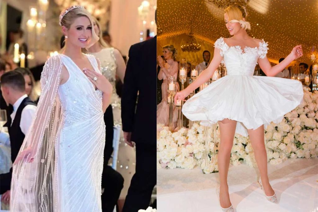 Paris Hilton exibiu mais dois looks em seu casamento: um drapeado e outro curtinho