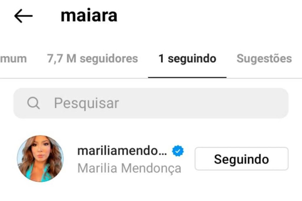 Perfil de Maiara segundo apenas perfil de Marília Mendonça no instagram