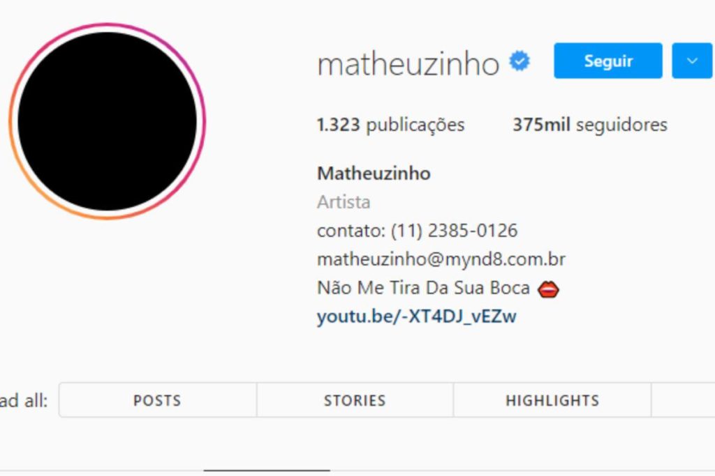 perfil de matheuzinho no instagram com foto de perfil preta